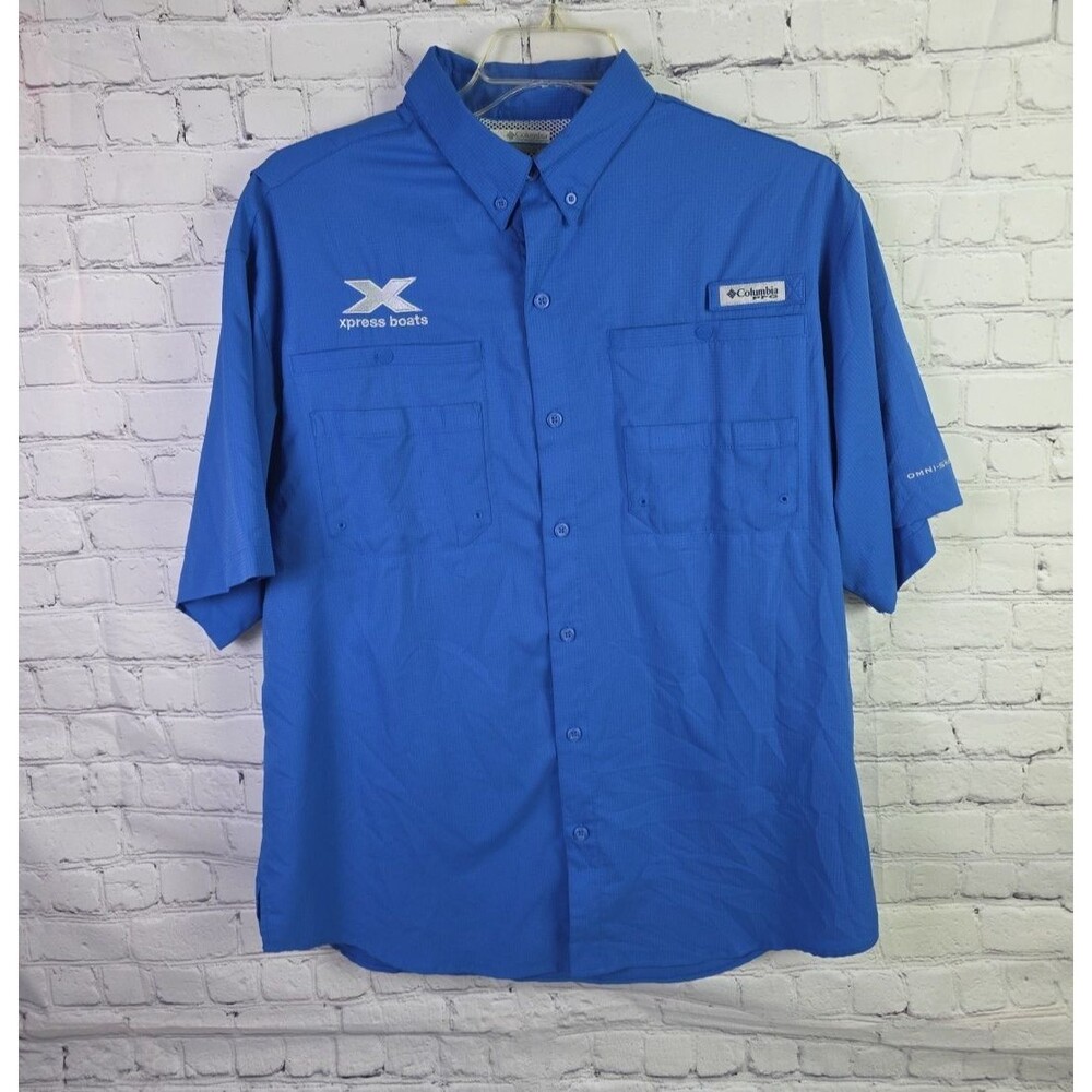 Columbia Men's Large Blue PFG Omni-Shade Vented Classic Fit‎ S/S Button Up Shirt